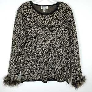 Chico’s Women's Leopard Print Feather Cuffs Pullover Linen Blend Sweater